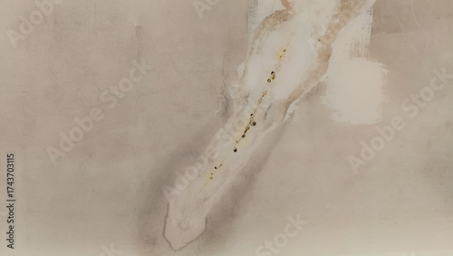 Close-up view of a leaking wall surface that is stained and damaged with disc...