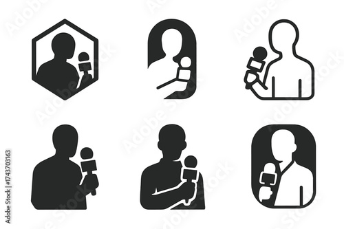 Journalism Logo Variations. International journalism. Set Logo of International journalism: Field correspondent silhouette with microphone. harmonious logo