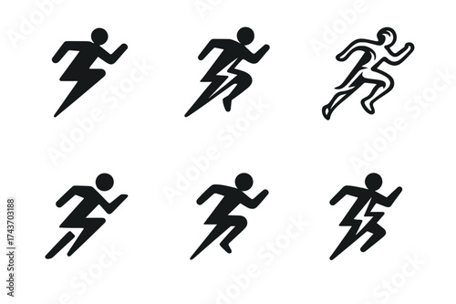 Power Sprint Logos. Powerful sprint. Set Logo of Powerful sprint: Lightning bolt runner. harmonious logo variations of the same emblematic concept, each with