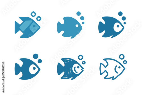 Tropical Fish Logo Variations. Fish breathing. Set Logo of Fish breathing: Tropical reef fish. harmonious logo variations of the same emblematic concept, each