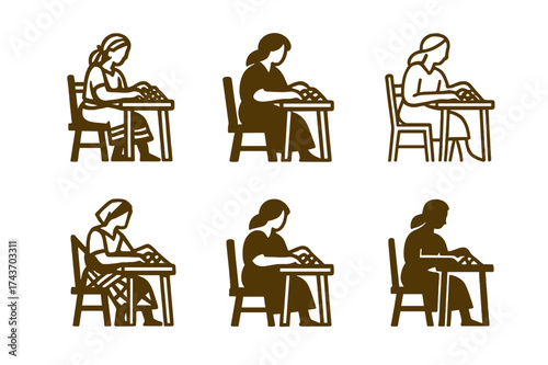 Rural Artisan Logos. Women entrepreneurs in rural areas. Set Logo of Women entrepreneurs in rural areas: Handicraft artisan at a workbench. harmonious logo
