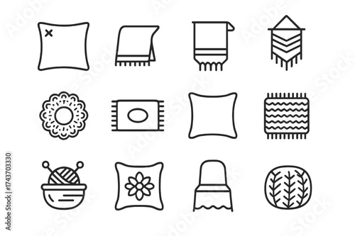 Home Decor Icons. Home decor items. Line icon set of Home decor items: cushion, blanket, table runner, wall hanging, doily, placemat, throw pillow, knitted