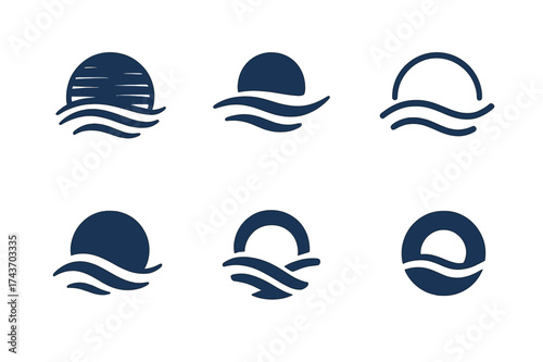 Sunset Logo Variations. Letting go of stress from the day. Set Logo of sunset horizon: sun setting over waves symbolizing relaxation. harmonious logo