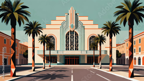 Illustration Of An Italian Art Deco Style Cinema Building With A Wide Avenue Of Palm Trees Vector Design Template