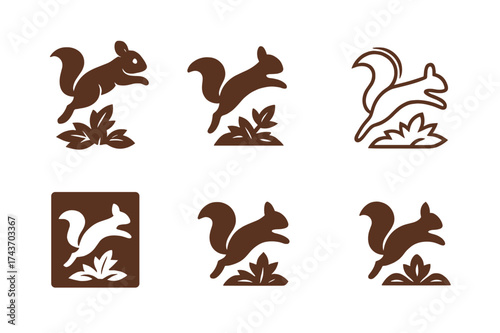 Squirrel Logo Variations. Jumping into leaf piles. Set Logo of Jumping into leaf piles: Squirrel mid-leap. harmonious logo variations of the same emblematic