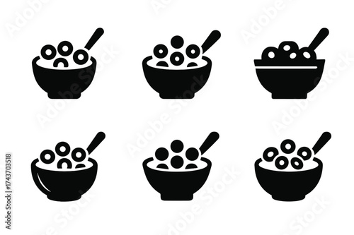 Cereal Bowl Grid. Having breakfast together. Set Logo of bowl with cereal: Abstract geometric, Minimal outline, Iconic shape, Symmetrical form,
