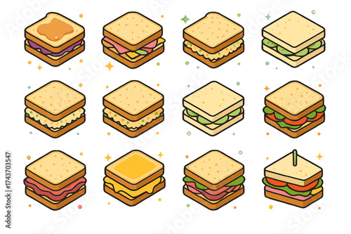 Classic Sandwich Icons. Classic Sandwiches. Colorful isometric vector icons set of Classic Sandwiches: peanut butter and jelly, ham and cheese, egg salad, tuna