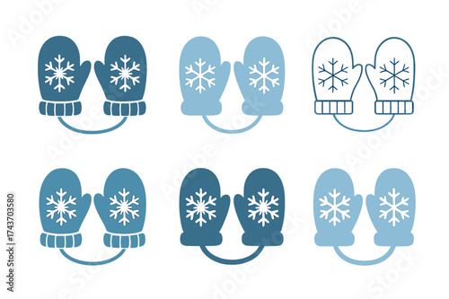 Winter Party Logos. Snow-themed birthday party for winter babies. Set Logo of Snow-themed birthday party for winter babies: Cozy mittens pair. harmonious logo