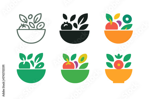 Colorful Salad Logos. Preparing a colorful salad with a variety of vegetables. Set Logo of Preparing a colorful salad with a variety of vegetables: Bowl of