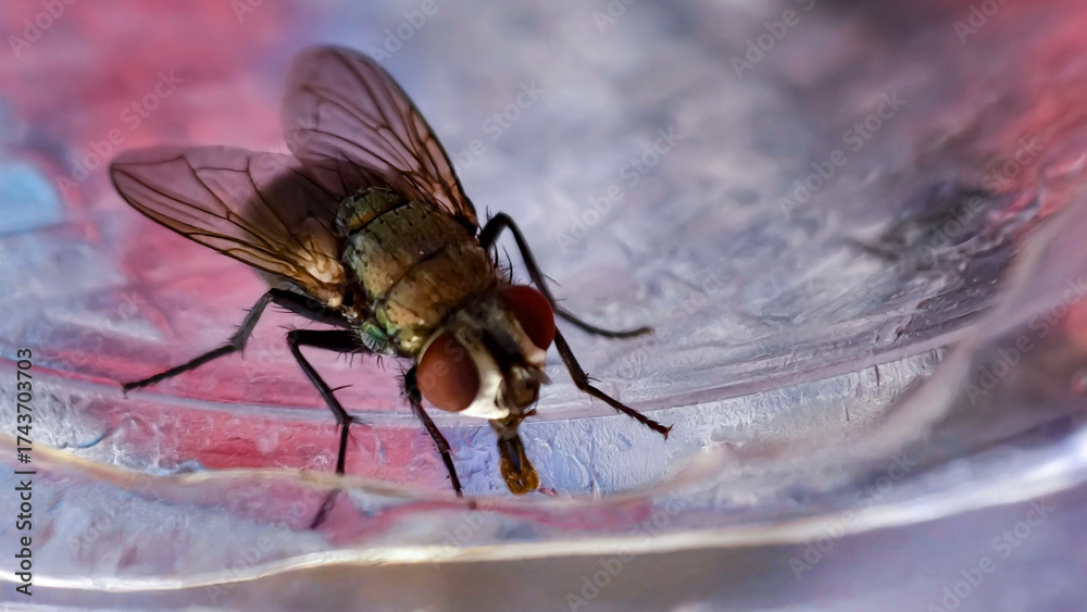 Obraz premium Macro image focusing on a housefly perched on the plastic surface of a drink