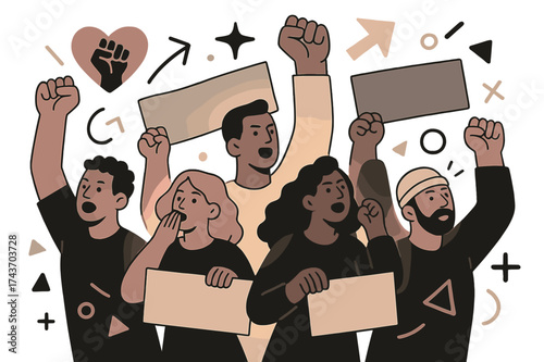 Vibrant Community Rally. Solidarity rally. Glowing crowd raising fists, waving banners, abstract floating geometric shapes emphasizing community, resistance,