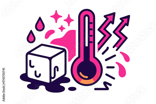 Melting Science Illustration. Science of melting. A glowing thermometer beside a melting ice cube, abstract arrows, sparkles, and drops floating symbolizing