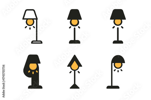 Cozy Lamp Logos. Creating a cozy atmosphere with floor lamps. Set Logo of Creating a cozy atmosphere with floor lamps: Warm-glow bulb in floor lamp. harmonious
