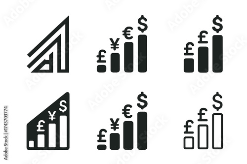 Diverse Pricing Logos. Business pricing strategies. Set Logo of Business pricing strategies: ascending price ladder with currency marks. harmonious logo