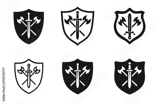 Antique Shield Logos. Antique Weapons. Set Logo of Antique Weapons: knight?s shield. harmonious logo variations of the same emblematic concept, each with