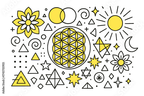 Meditative Geometry Illustration. Meditative Geometry. Hand-drawn doodle illustration meditative geometry flower of life (accented), geometric pattern, mandala