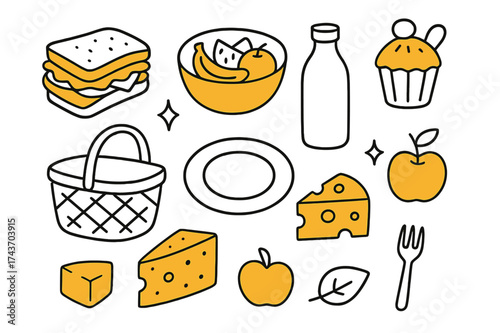 Colorful Picnic Delights. Picnic Food. Hand-drawn doodle illustration sandwich (colored), fruit bowl (colored), juice bottle, cupcake (colored), basket, cheese