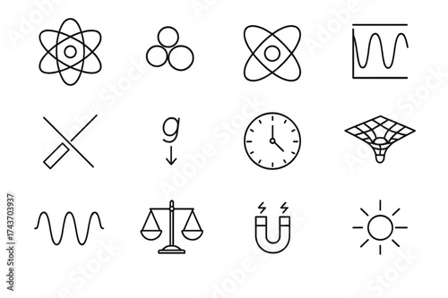 Space Physics Icons. Physics of space. Line icon set of Physics of space: atom, nucleus, particle collider, quantum wave, light beam, gravity symbol,