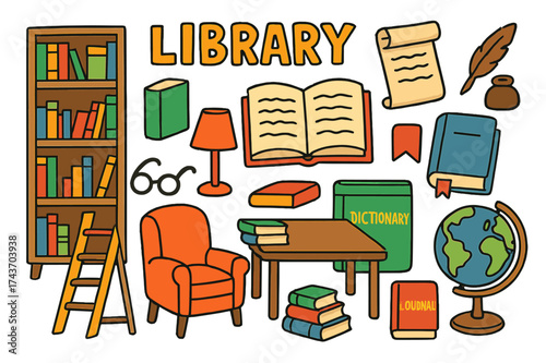 Colorful Library Doodles. Library. Colorful Hand-drawn doodle Children illustration Bookshelf, open book, closed book, glasses, lamp, bookmark, reading chair,
