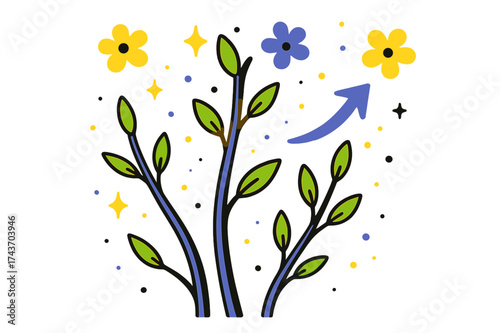Spring Branch Growth. Spring budding branches. Bare glowing branches beginning to sprout leaves, abstract floating flower icons and light particles signaling