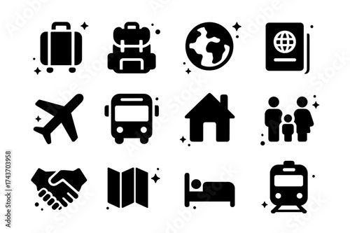 Travel Explore Icons. Travel and settlement. Solid icons set of Travel and settlement: suitcase, backpack, globe, passport, airplane, bus, house, family,