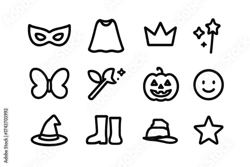 Children's Costume Icons. Children costumes. Line icon set of children costumes: superhero mask, cape, crown, fairy wings, magic wand, pumpkin, hat, boots,
