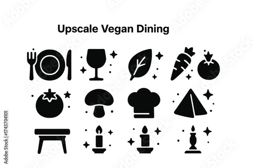 Vegan Dining Icons. Upscale Vegan Dining. Solid icons set of Upscale Vegan Dining: Plate, Fork, Knife, Wine Glass, Leaf, Carrot, Tomato, Mushroom, Chef Hat,