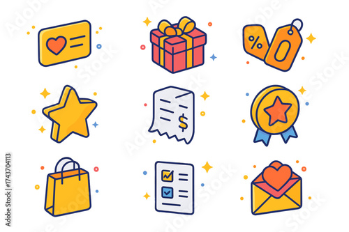 Customer Loyalty Icons. Customer loyalty. Colorful isometric vector icons set of customer loyalty: loyalty card, points chart, gift box, discount tag, golden