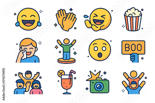 Isometric Audience Icons. Audience Reactions. Colorful isometric vector icons set of Audience Reactions: laughing face, clapping hands, rolling on floor emoji,