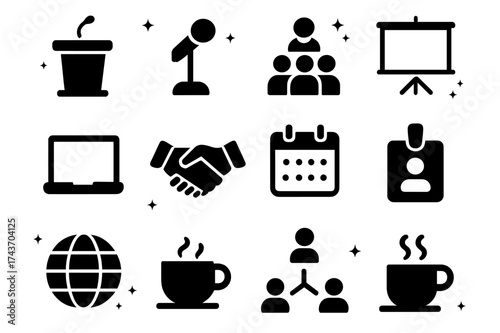 Conference Icons Set. Conferences. Solid icons set of Conferences: stage podium, microphone, speaker figure, group audience, projector screen,