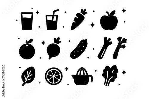 Healthy Drinks Icons. Healthy drinks. Solid icons set of Healthy drinks: glass of juice, straw, carrot, apple, orange, beet, cucumber, celery, spinach leaf,