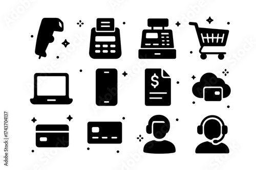 POS Icons Grid. POS Systems. Solid icons set of payment terminal, barcode scanner, receipt printer, cash register, shopping cart, laptop, smartphone, invoice,