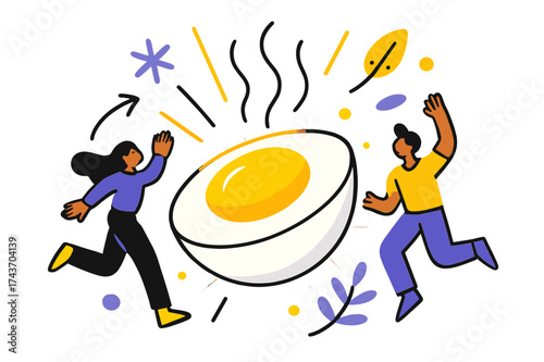 Egg Breakfast Artistry. Boiled egg breakfast. Glowing halved boiled egg with abstract floating herbs, steam lines and light rays emphasizing freshness and