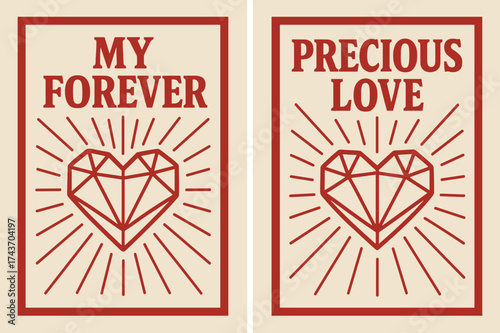 Radiant Heart Banners. Commitment. Two vertical A6 banners with safe margins, centered composition, no elements touching edges, bold style, red and beige,