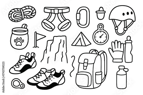 Climbing Gear Doodle. Climbing gear. Hand-drawn doodle illustration climbing gear rope, harness, carabiner, helmet, chalk bag, climbing shoes, backpack, belay