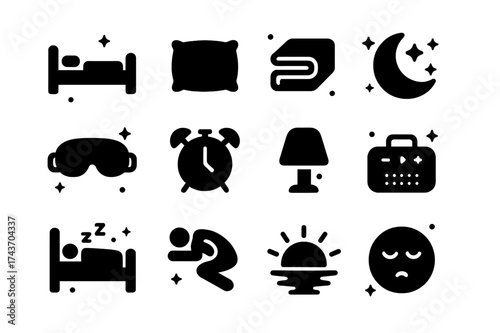 Sleep Icons Collection. Sleep support. Solid icons set of bed, pillow, blanket, moon and stars, sleep mask, alarm clock, nightlight, sound machine, deep sleep,
