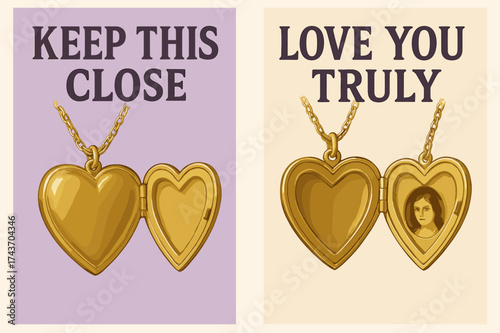 Heartfelt Keepsake Banners. Keepsake. Two vertical A6 banners, bold, lavender and cream backgrounds, heart-shaped locket opening to reveal a tiny portrait,