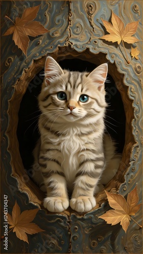 Realistic oil painting featuring a fluffy kitten with a soft, gray and white striped coat. The kitten's large, expressive eyes are a deep blue