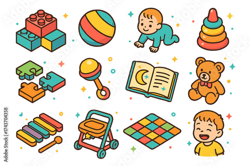 Playful Baby Icons. Playtime. Colorful isometric vector icons set of playtime: toy blocks, soft ball, crawling baby, stacking rings, puzzle, rattle, storybook,