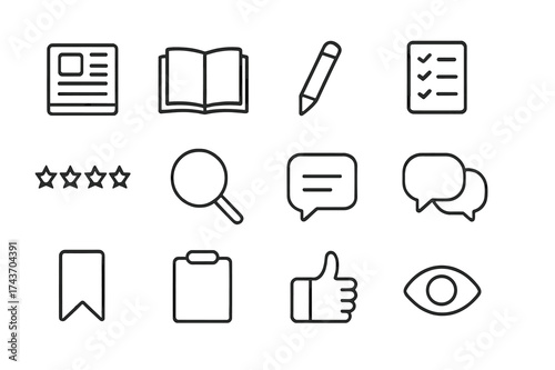 Publication Analysis Icons. Publication analysis. Line icon set of Publication analysis: magazine, open pages, pencil, checklist, star rating, magnifying