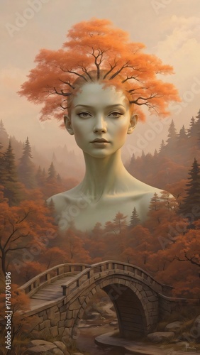 Realistic photo artwork featuring a dreamlike landscape. This double exposure central focus is a large, ethereal female face with a serene expression, seamlessly integrated into the environment.