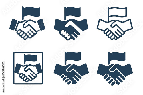 Citizenship Logos Grid. Citizenship applications. Set Logo of Citizenship applications: Handshake between applicant and official with flag. harmonious logo
