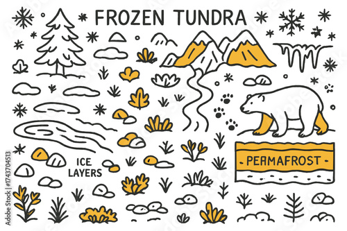 Frozen Tundra Doodles. Frozen Tundra. Hand-drawn doodle illustration frozen tundra permafrost (accented), snow, ice layers, rocks (accented), tundra plants,