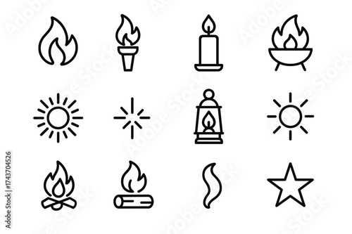 Firelight Icon Set. Firelight. Line outline icon set of Firelight: flame, torch, candle, fire pit, sunburst,
