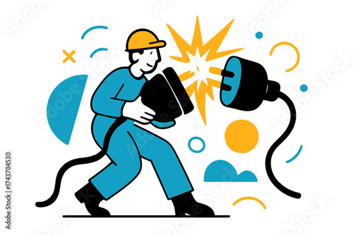 Electric Spark Connection. Power Connection. A worker holding two large plugs, connecting them as electricity sparks into glowing abstract lines and shapes.