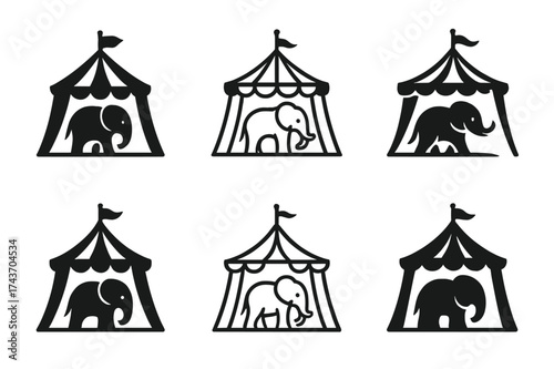 Elephant Circus Logos. Elephant Performance. Set Logo of Elephant Performance: circus tent with elephant. harmonious logo variations of the same emblematic