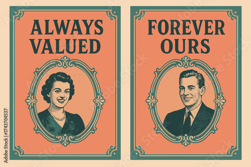 Retro Vintage Banners. Togetherness. Two vertical A6 banners with safe margins, centered composition, no elements touching edges, retro style, coral and teal,