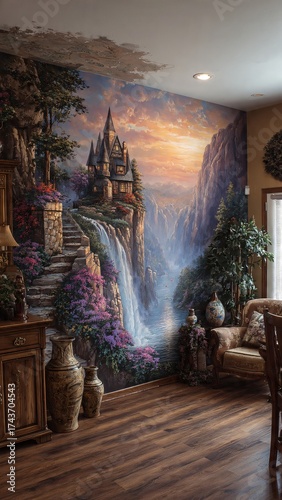 Realistic photo of a surreal and imaginative artwork depicting a room with a large, realistic mural on the wall.