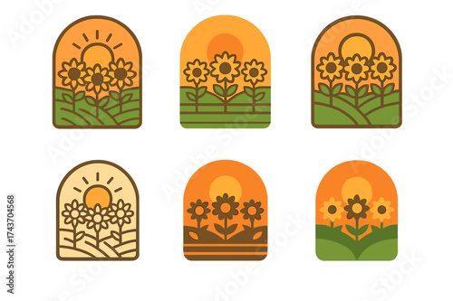 Sunflower Logo Variations. Long summer days and sunsets. Set Logo of Long summer days and sunsets: Field of sunflowers facing the sun. harmonious