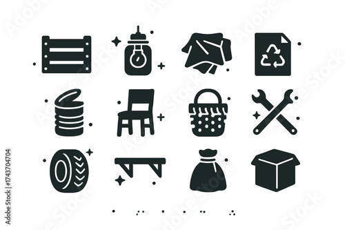 Upcycled Icons Grid. Upcycled Goods. Solid icons set of Upcycled Goods: wooden crate, jar lamp, fabric scraps, recycled paper, old tin can, upcycled furniture,